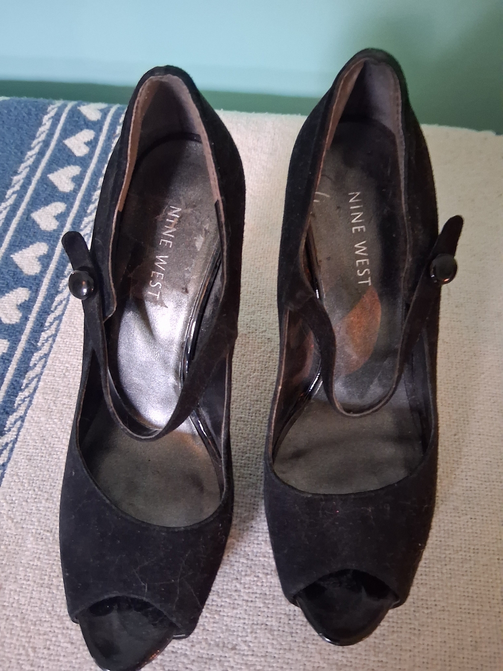 Nine West Black Suede Peep-Toe Mary-Jane Heels with Button Strap